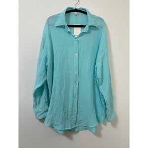 Vitamin A Playa Aqua Gauze Oversized Button Down Shirt Tunic Cover Up Sz Large
